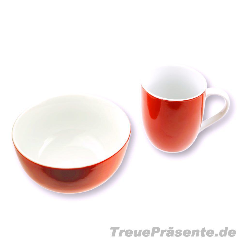Müslischale und Kaffeebecher rot-weiß