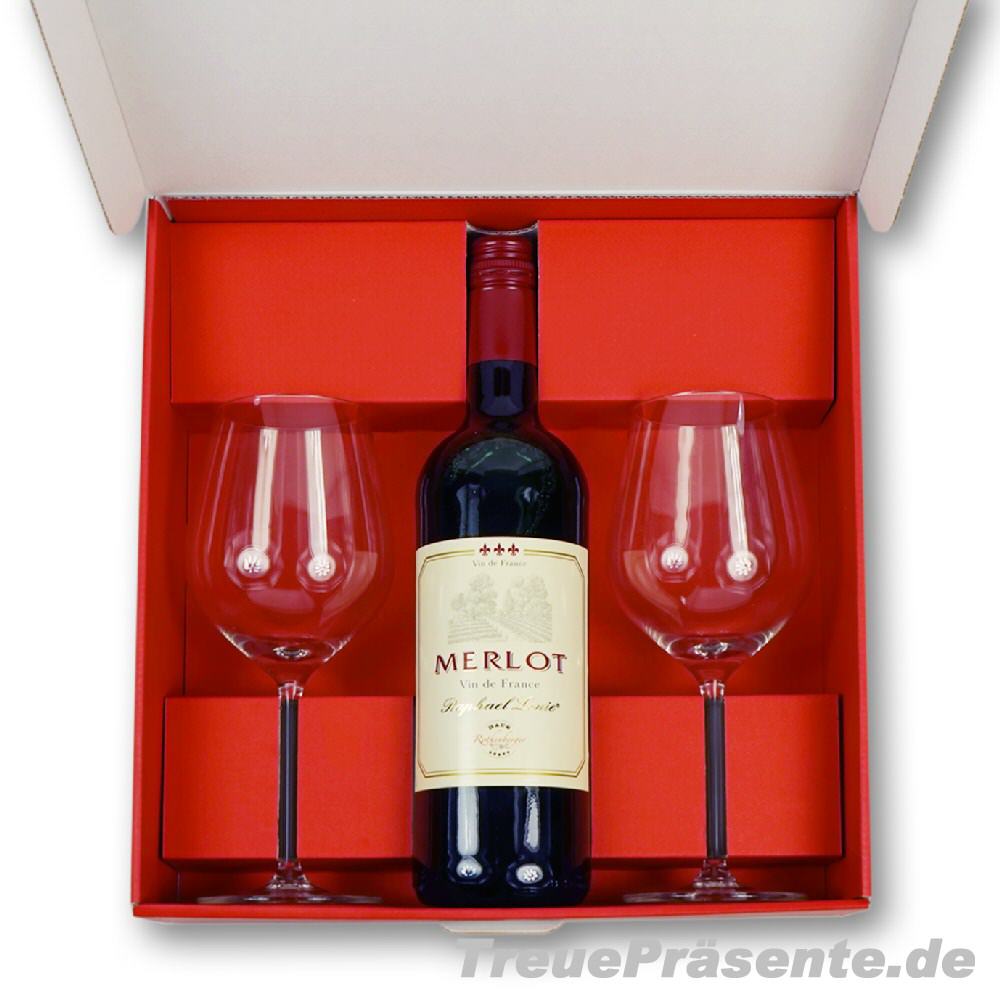 Geschenkset Rotwein mit 2 Rotwein-Gläsern
