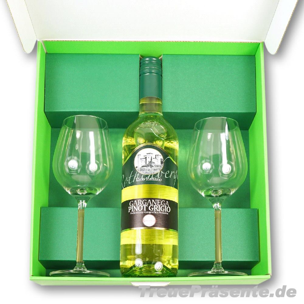 Geschenkset Weißwein mit 2 Weißwein-Gläsern