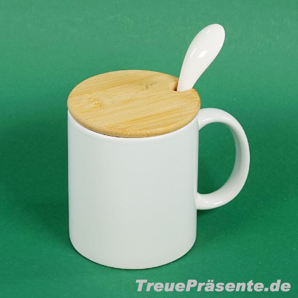 Kaffeebecher mit Bambusdeckel und Löffel