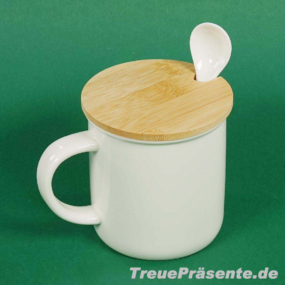 Keramiktasse mit Bambusdeckel und Löffel